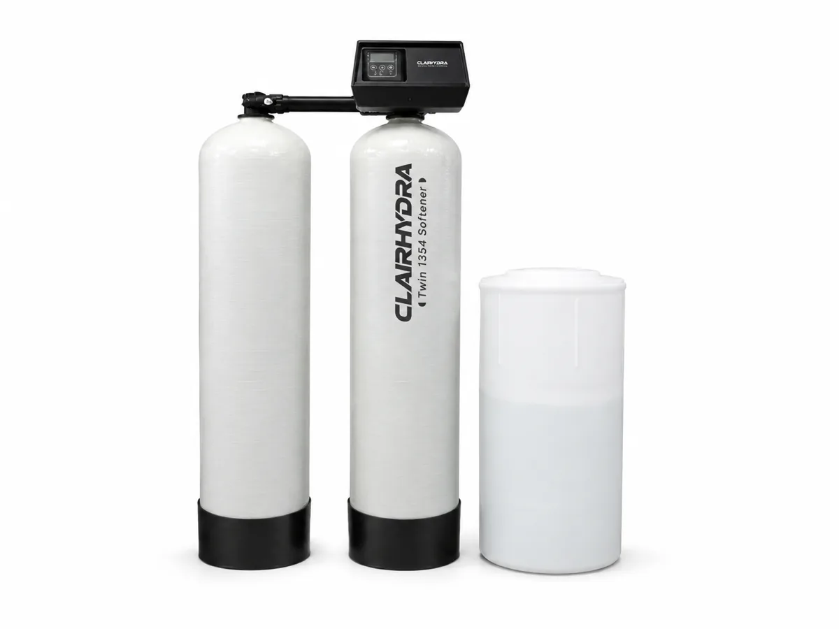 Complete ClairHydra commercial twin water softener with brine tank