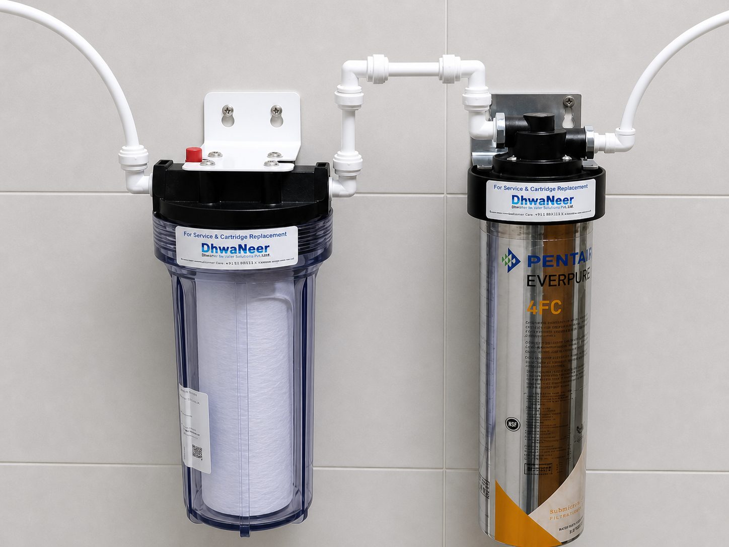 Point-of-use Everpure 4FC submicron filter with a clear sediment pre-filter on service brackets