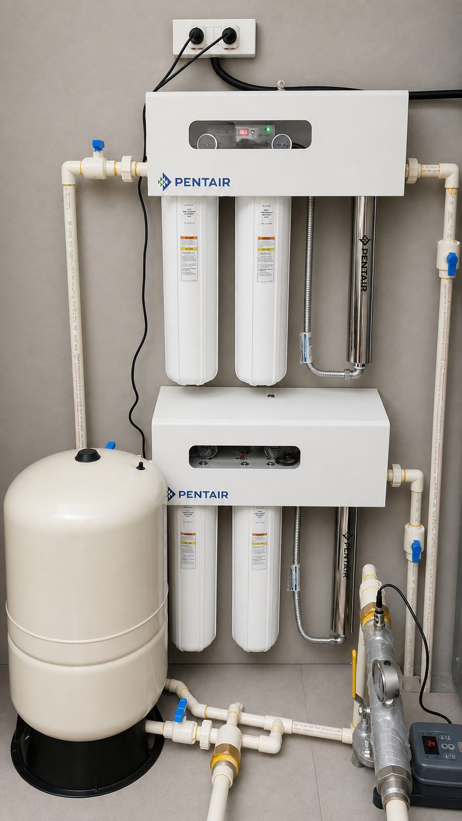 Pentair multi-stage filtration with UV disinfection and a pressurised feed, plumbed in Astral CPVC, at a fine-dining restaurant kitchen