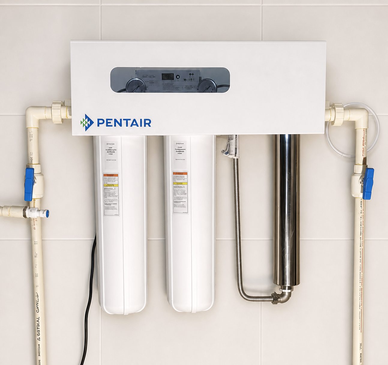 A wall-mounted Pentair twin-cartridge treatment manifold with pressure gauges, isolation valves and a stainless-steel UV chamber, installed by DhwaNeer